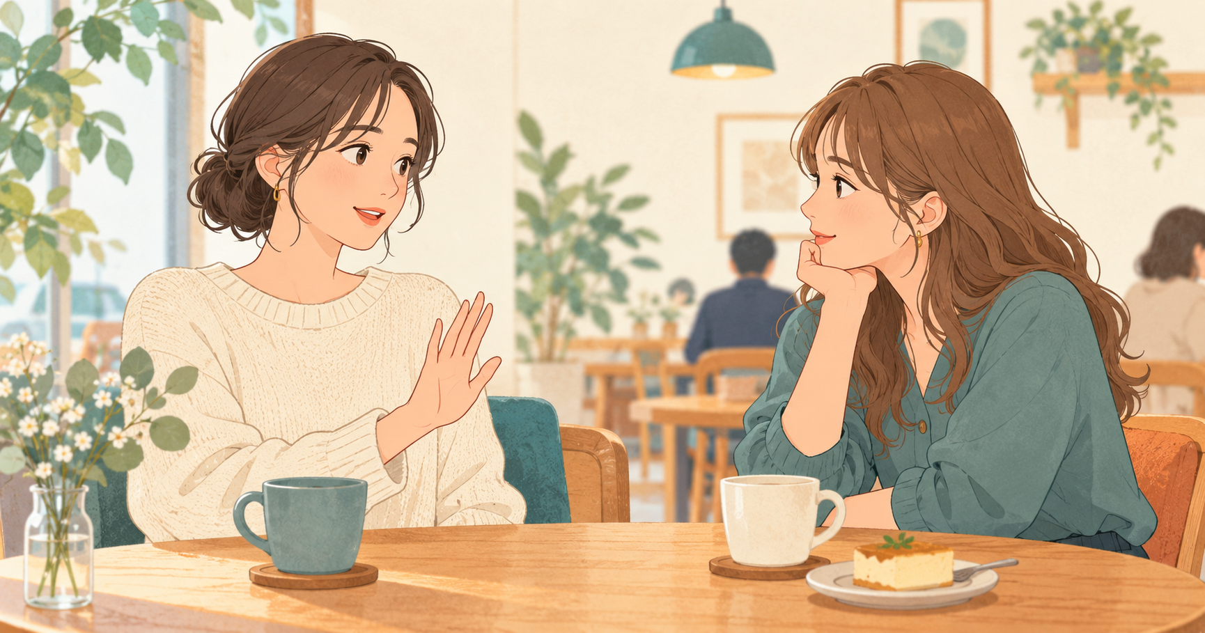 カフェで友達に自分の希望を穏やかに伝える場面のイラスト
