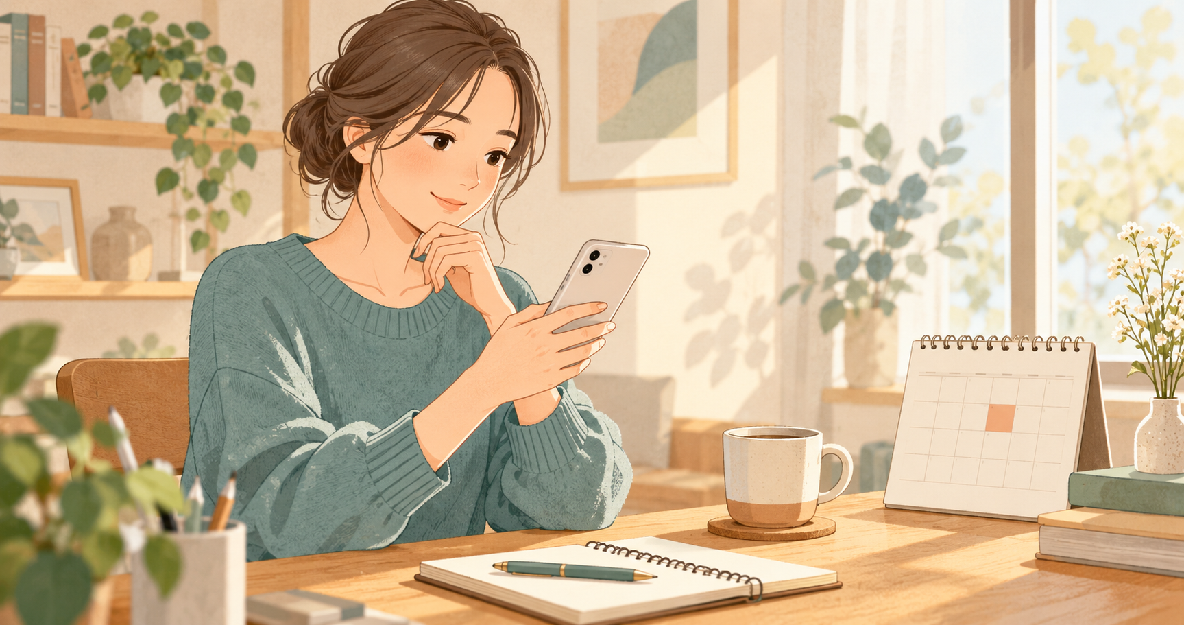 カレンダーを確認しながら予定変更の連絡を考える人のイラスト