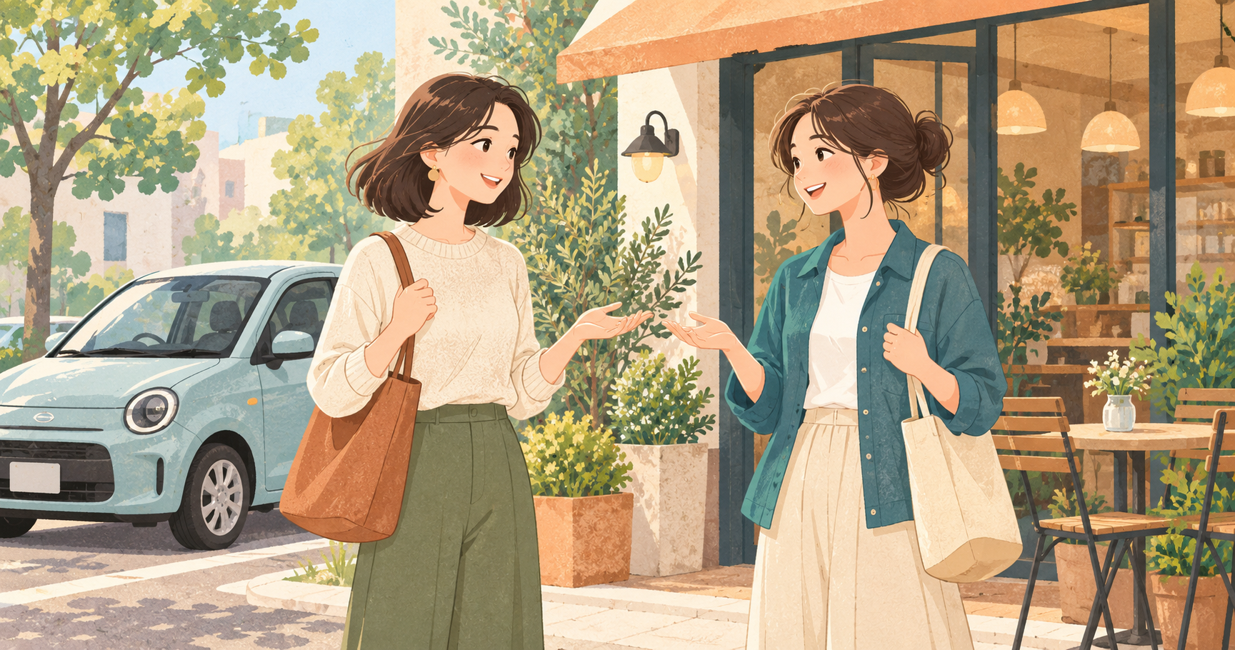 カフェの前で別々の移動について話す友達と駐車中の車のイラスト